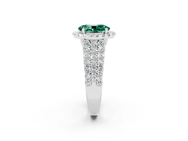 Platinum Oval Cut Green Sapphire Halo Engagement Ring with Triple Row Round Pavé Band and Prong Setting