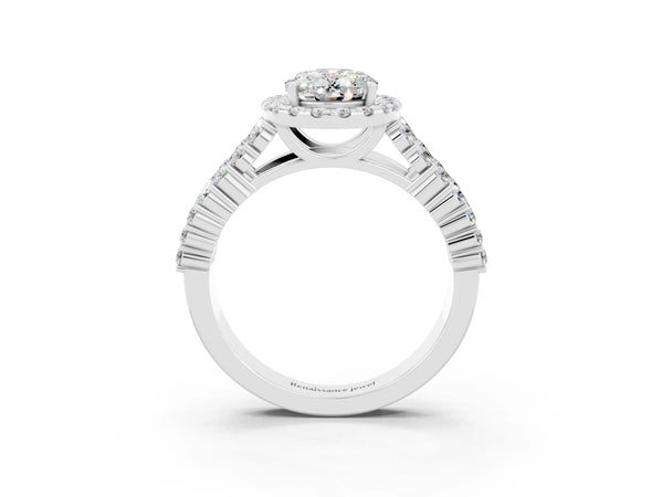 Platinum Oval Cut Moissanite Halo Engagement Ring with Triple Row Round Pavé Band and Prong Setting