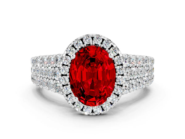 Platinum Oval Cut Halo Pavé Diamond Engagement Ring with Split Shank and Four-Prong Setting