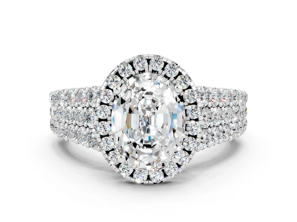 White gold Oval Cut Moissanite Halo Engagement Ring with Triple Row Round Pavé Band and Prong Setting