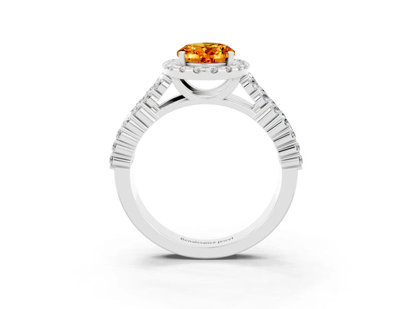 Platinum Oval Cut Citrine Halo Engagement Ring with Triple Row Round Pavé Band and Prong Setting