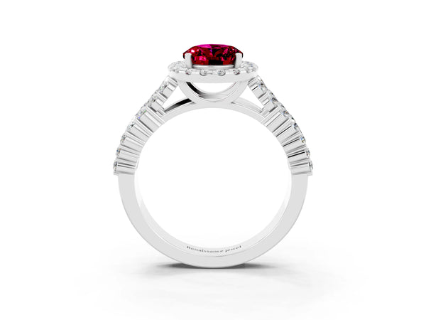 Silver Oval Cut Garnet Halo Engagement Ring with Triple Row Round Pavé Band and Prong Setting
