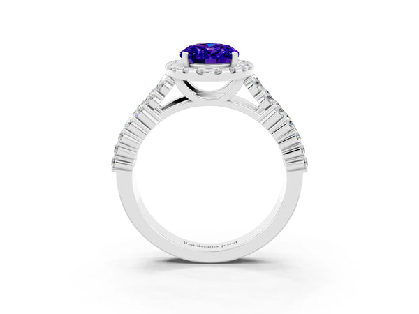 White gold Oval Cut Tanzanite Halo Engagement Ring with Triple Row Round Pavé Band and Prong Setting