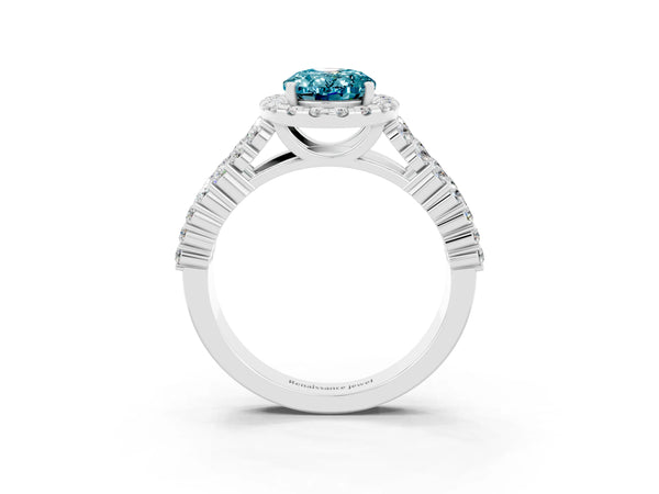 Silver Oval Cut Halo Pavé Diamond Engagement Ring with Split Shank and Four-Prong Setting