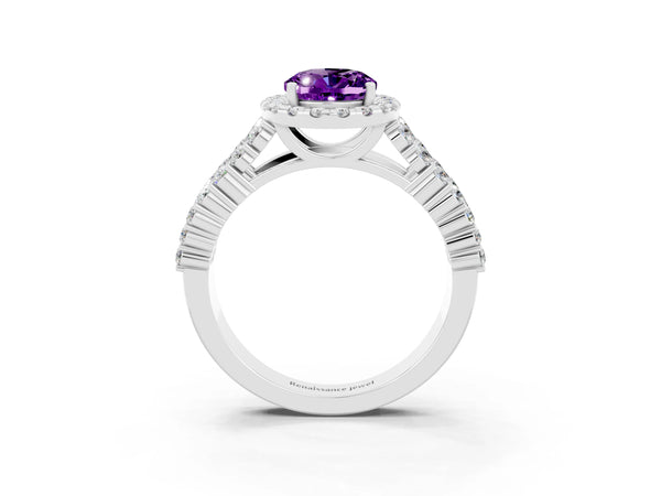 Platinum Oval Cut Amethyst Halo Engagement Ring with Triple Row Round Pavé Band and Prong Setting