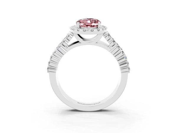 White gold Oval Cut Halo Pavé Diamond Engagement Ring with Split Shank and Four-Prong Setting