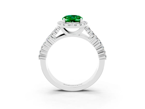 Silver Oval Cut Emerald Halo Engagement Ring with Triple Row Round Pavé Band and Prong Setting