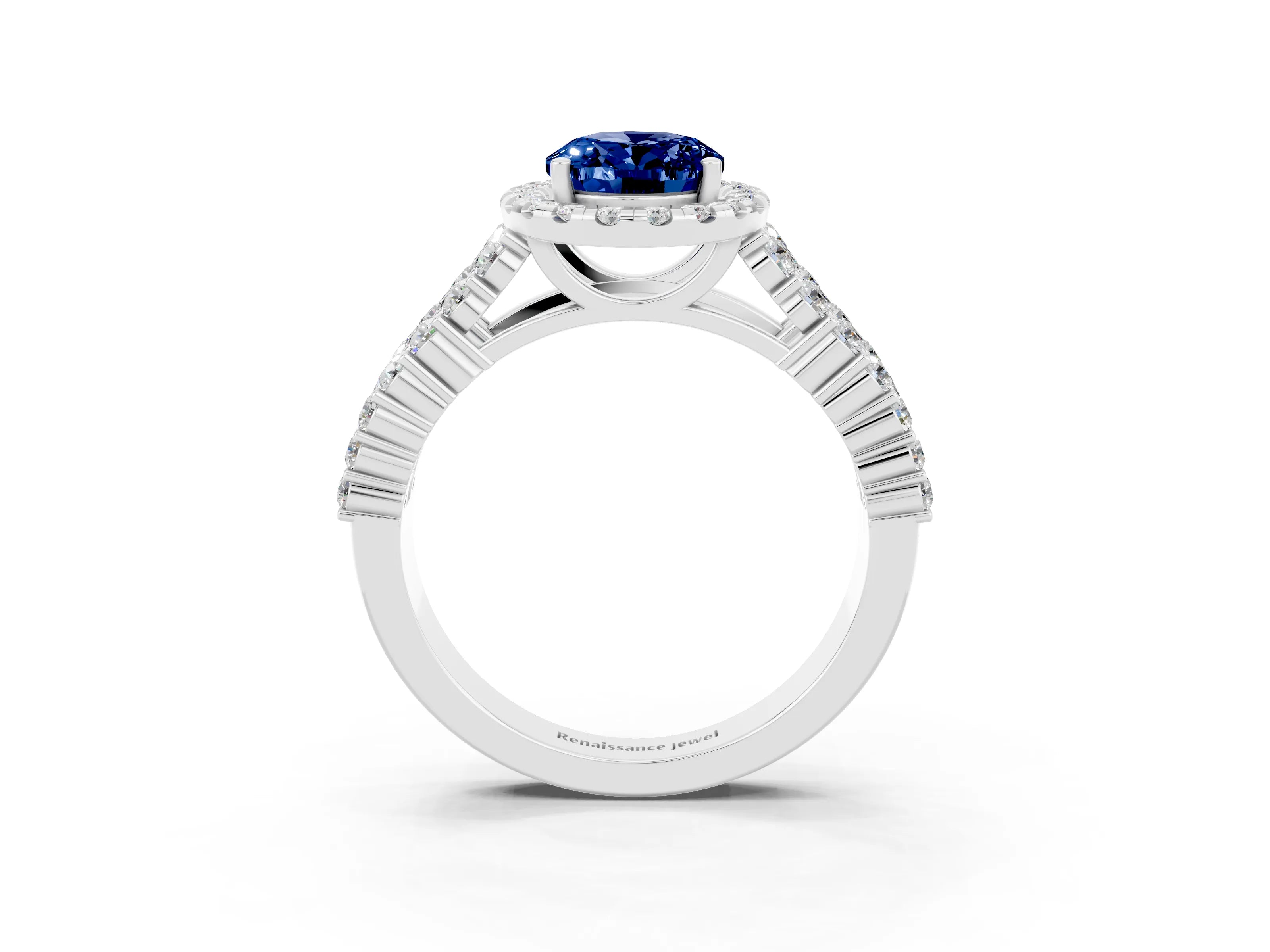 White gold Oval Cut Halo Pavé Diamond Engagement Ring with Split Shank and Four-Prong Setting_3