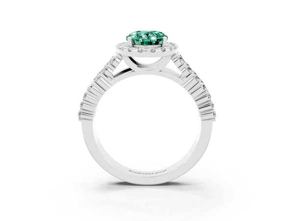 Silver Oval Cut Green Sapphire Halo Engagement Ring with Triple Row Round Pavé Band and Prong Setting
