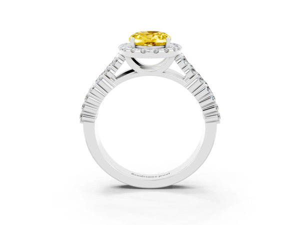 Platinum Oval Cut Yellow Sapphire Halo Engagement Ring with Triple Row Round Pavé Band and Prong Setting