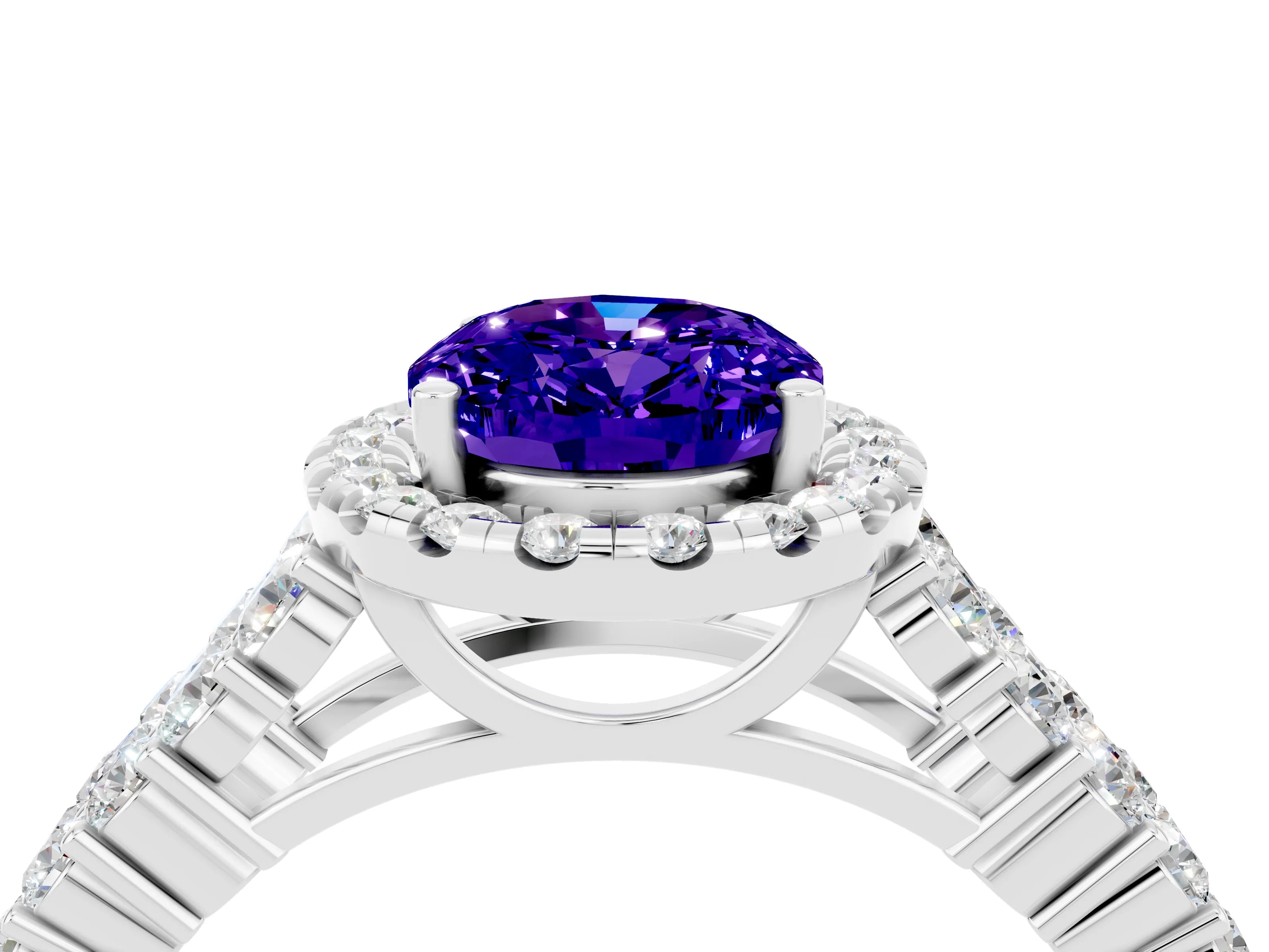White gold Oval Cut Halo Pavé Diamond Engagement Ring with Split Shank and Four-Prong Setting_4