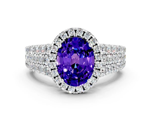 Silver Oval Cut Tanzanite Halo Engagement Ring with Triple Row Round Pavé Band and Prong Setting