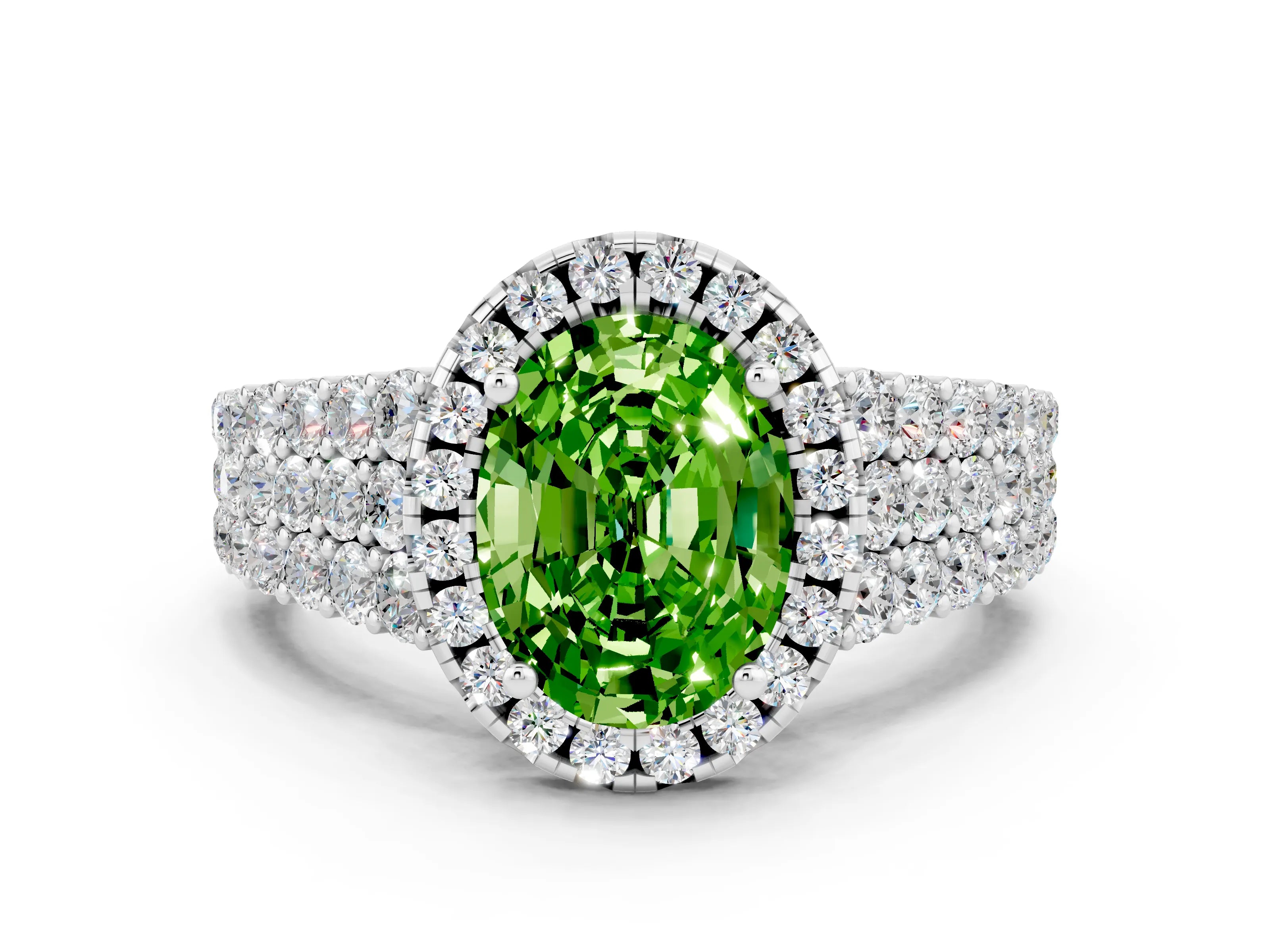 White gold Oval Cut Halo Pavé Diamond Engagement Ring with Split Shank and Four-Prong Setting