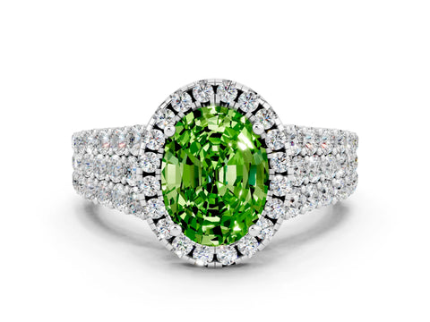 White gold Oval Cut Halo Pavé Diamond Engagement Ring with Split Shank and Four-Prong Setting