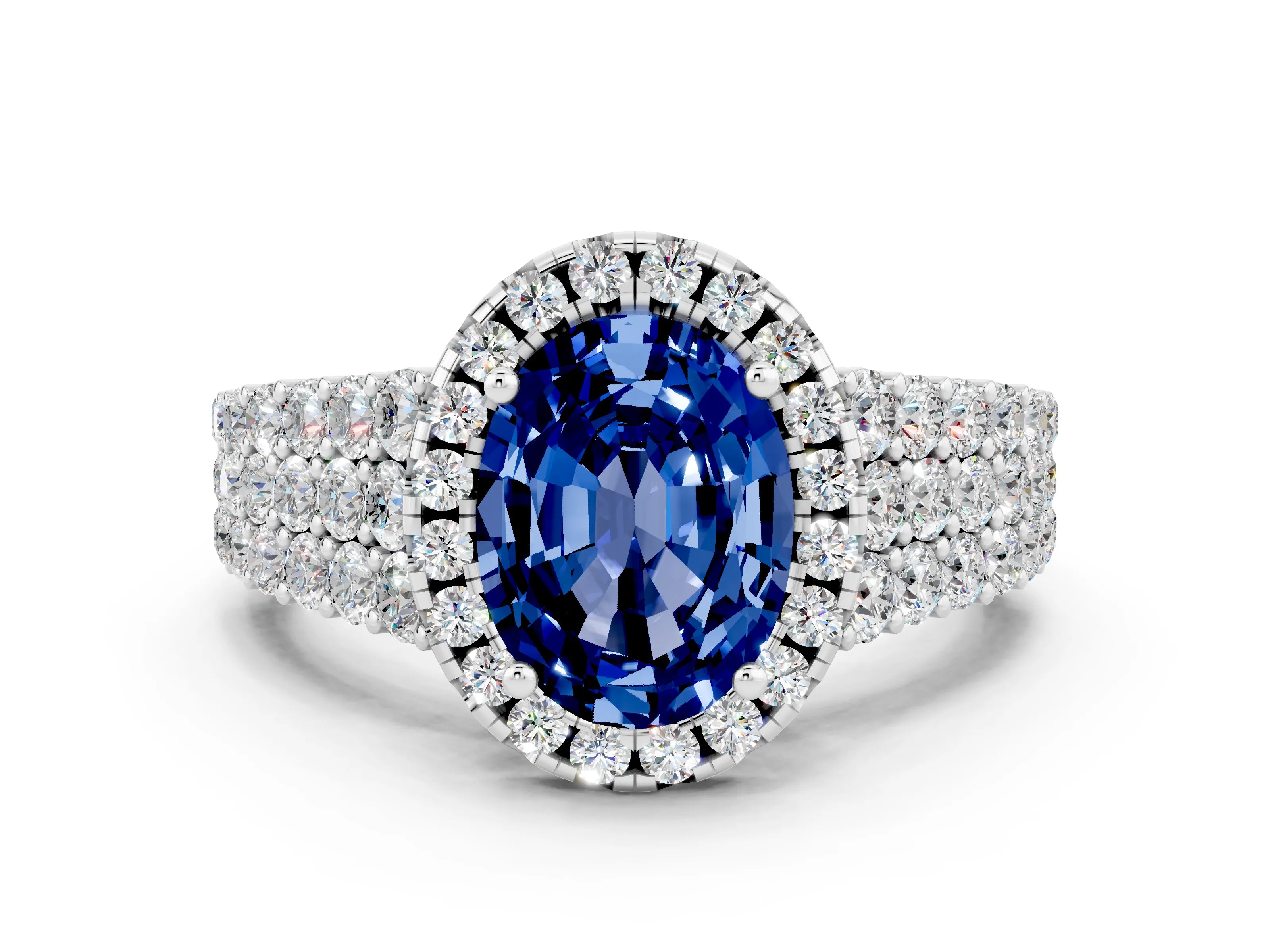 White gold Oval Cut Halo Pavé Diamond Engagement Ring with Split Shank and Four-Prong Setting