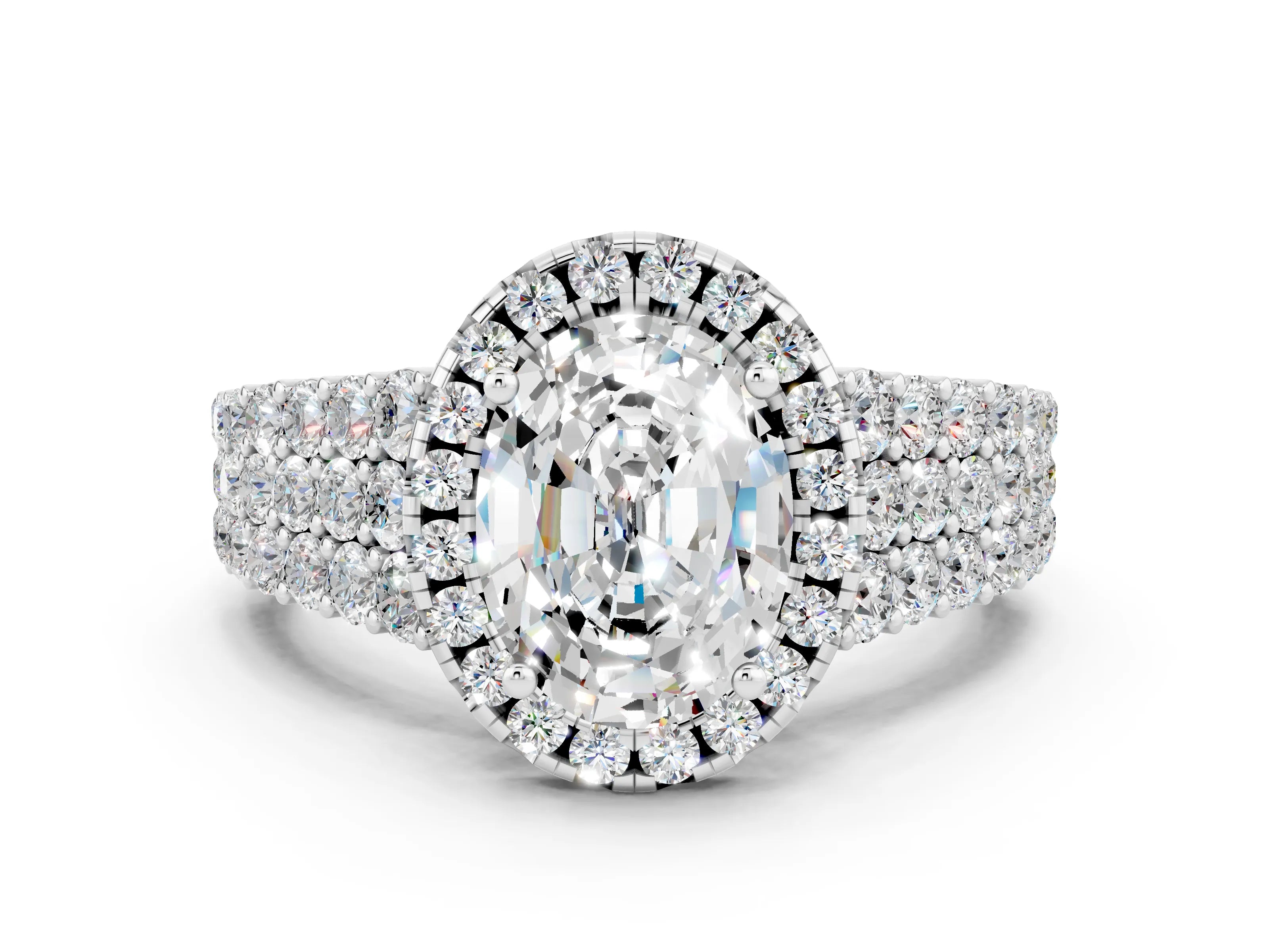 White gold Oval Cut Halo Pavé Diamond Engagement Ring with Split Shank and Four-Prong Setting