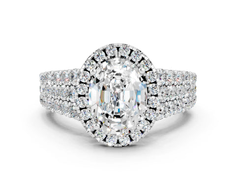 White gold Oval Cut Halo Pavé Diamond Engagement Ring with Split Shank and Four-Prong Setting