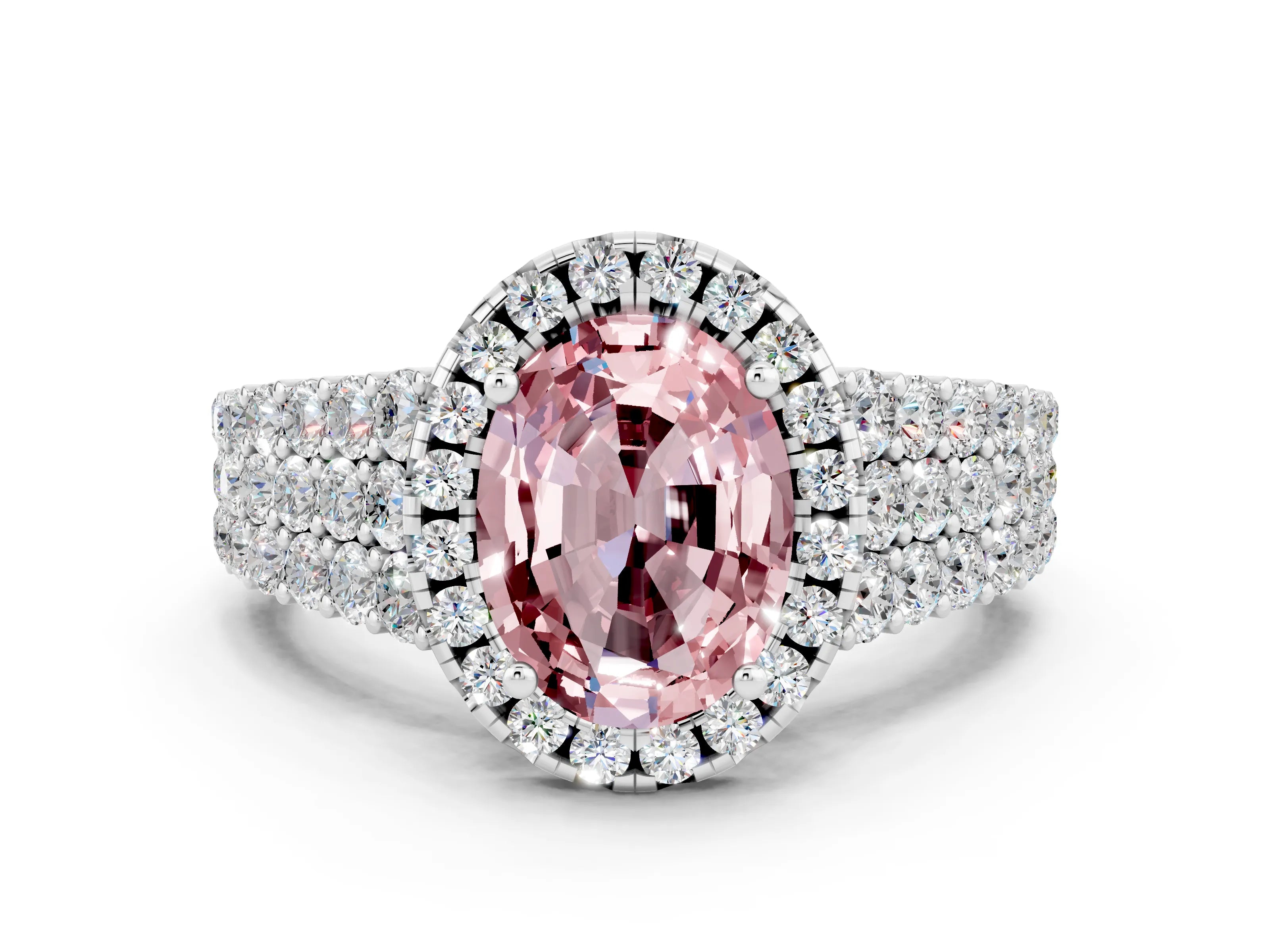 White gold Oval Cut Halo Pavé Diamond Engagement Ring with Split Shank and Four-Prong Setting