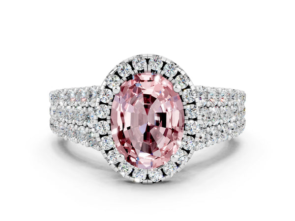 White gold Oval Cut Halo Pavé Diamond Engagement Ring with Split Shank and Four-Prong Setting