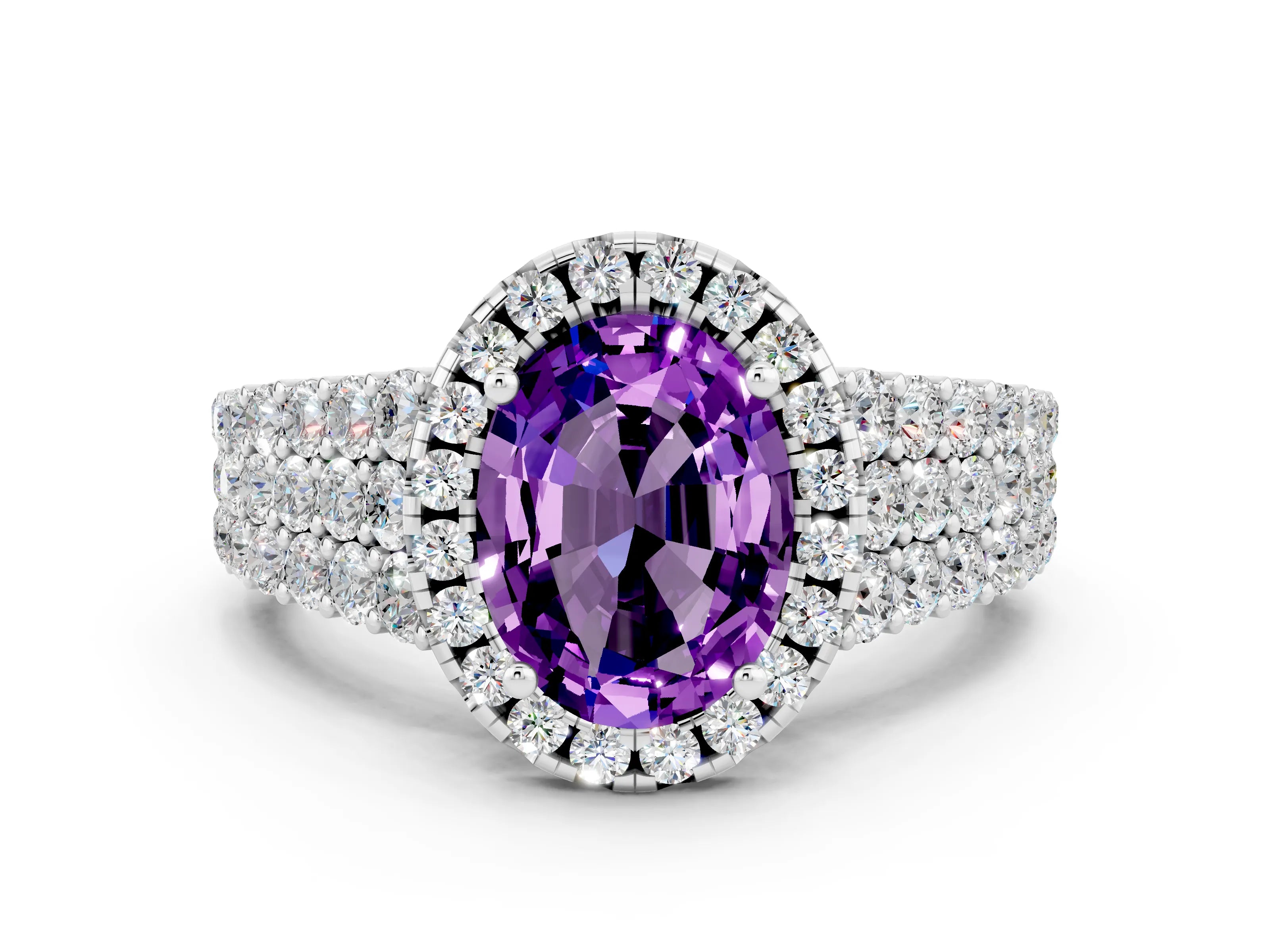 White gold Oval Cut Halo Pavé Diamond Engagement Ring with Split Shank and Four-Prong Setting