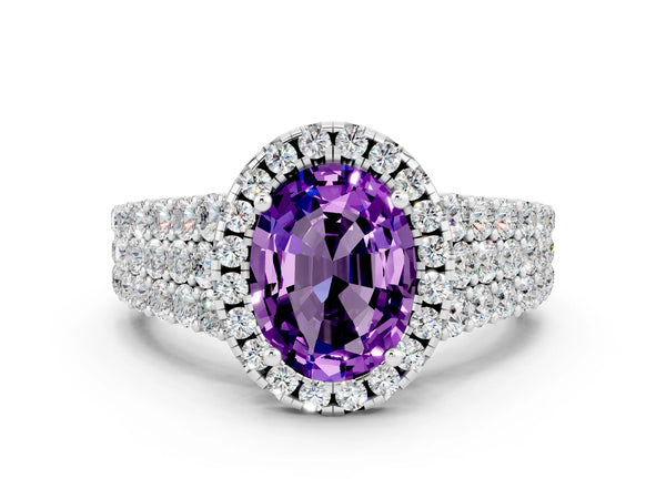 White gold Oval Cut Amethyst Halo Engagement Ring with Triple Row Round Pavé Band and Prong Setting