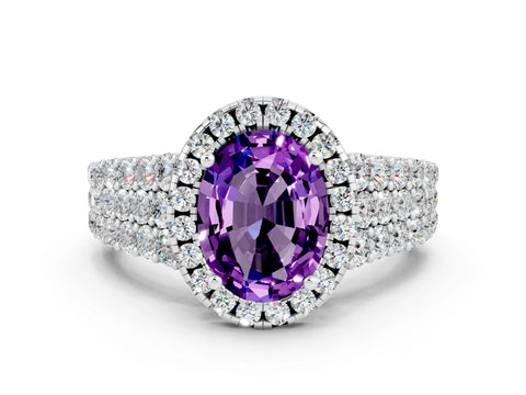 White gold Oval Cut Halo Pavé Diamond Engagement Ring with Split Shank and Four-Prong Setting