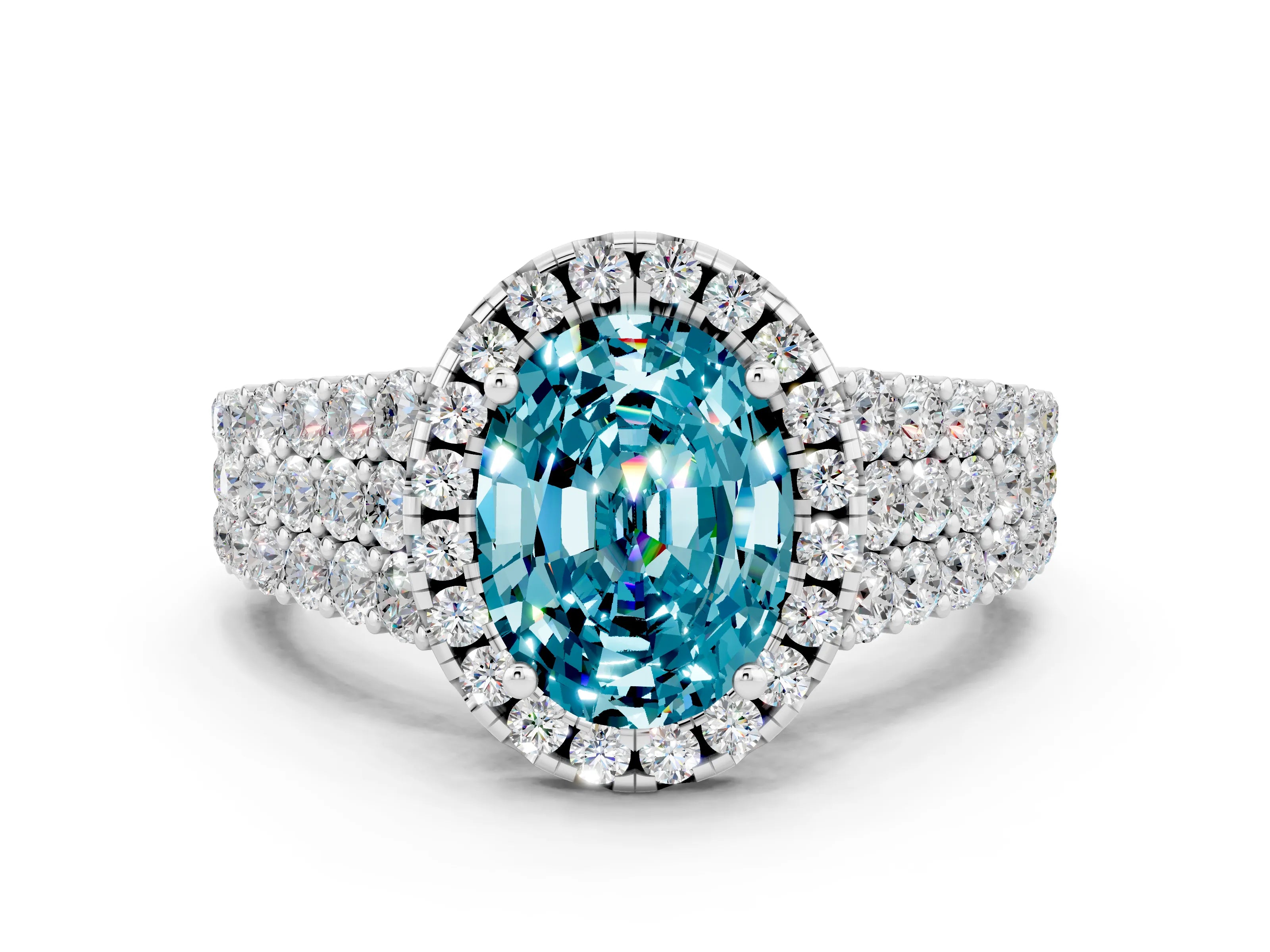 White gold Oval Cut Halo Pavé Diamond Engagement Ring with Split Shank and Four-Prong Setting