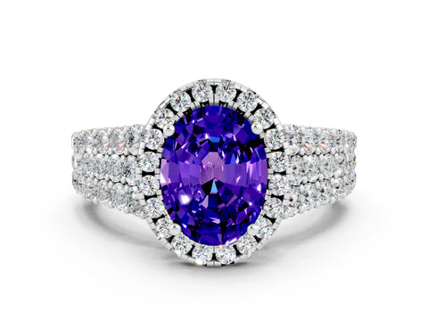 White gold Oval Cut Halo Pavé Diamond Engagement Ring with Split Shank and Four-Prong Setting