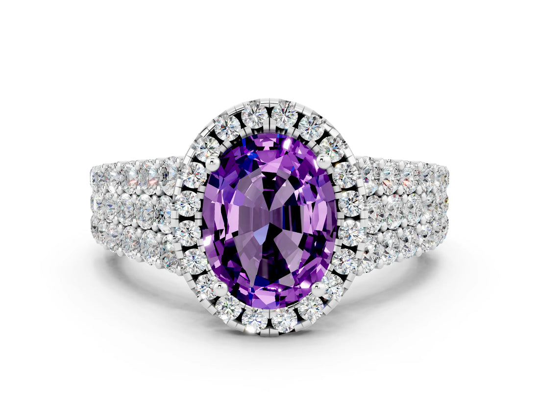 White gold Oval Cut Halo Pavé Diamond Engagement Ring with Split Shank and Four-Prong Setting