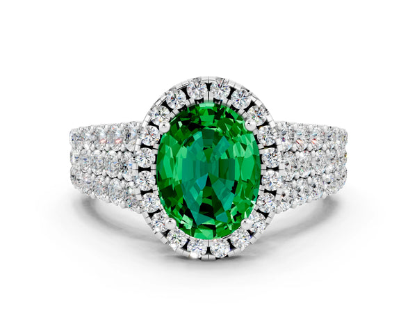 Platinum Oval Cut Emerald Halo Engagement Ring with Triple Row Round Pavé Band and Prong Setting