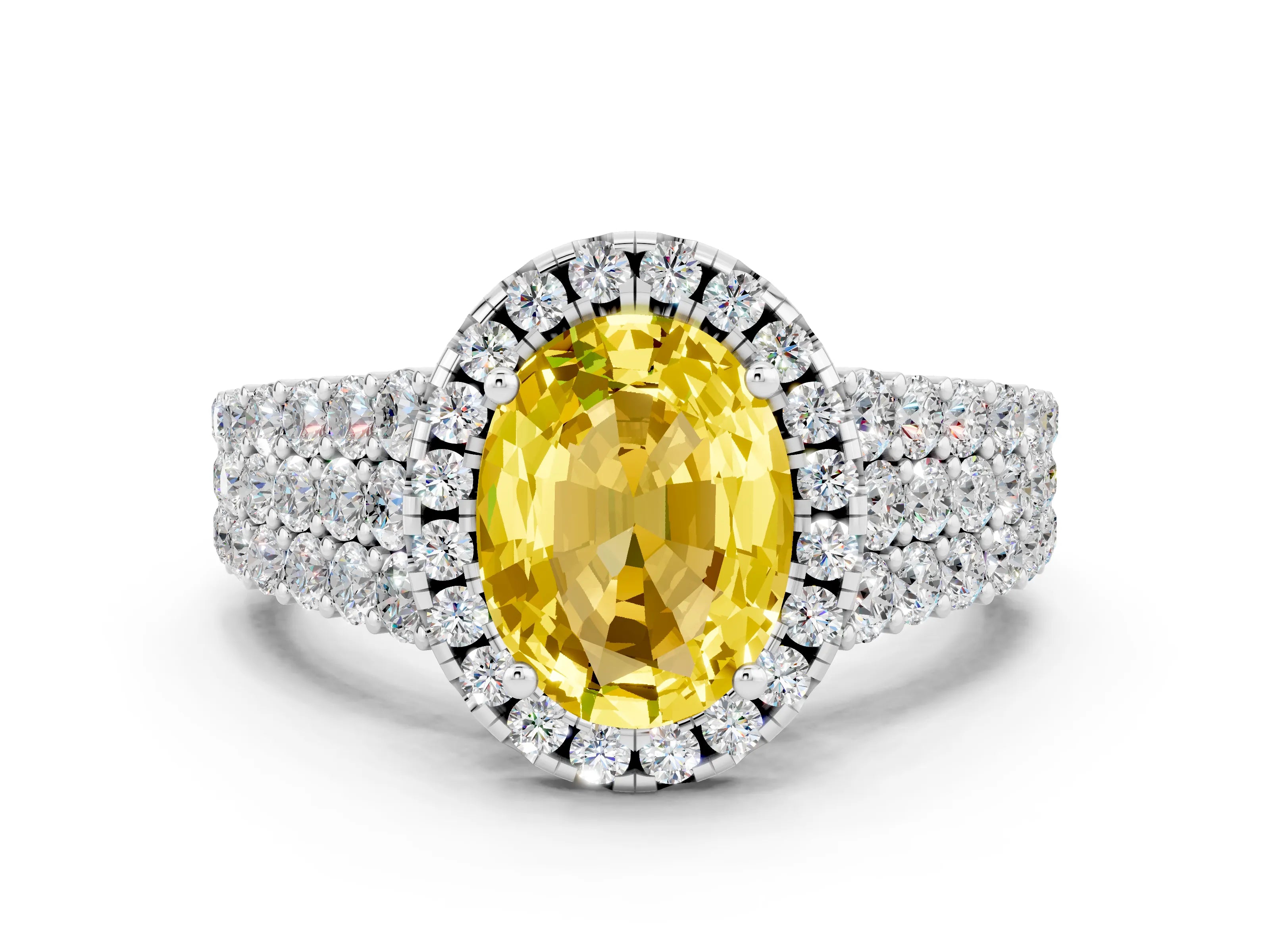 White gold Oval Cut Halo Pavé Diamond Engagement Ring with Split Shank and Four-Prong Setting
