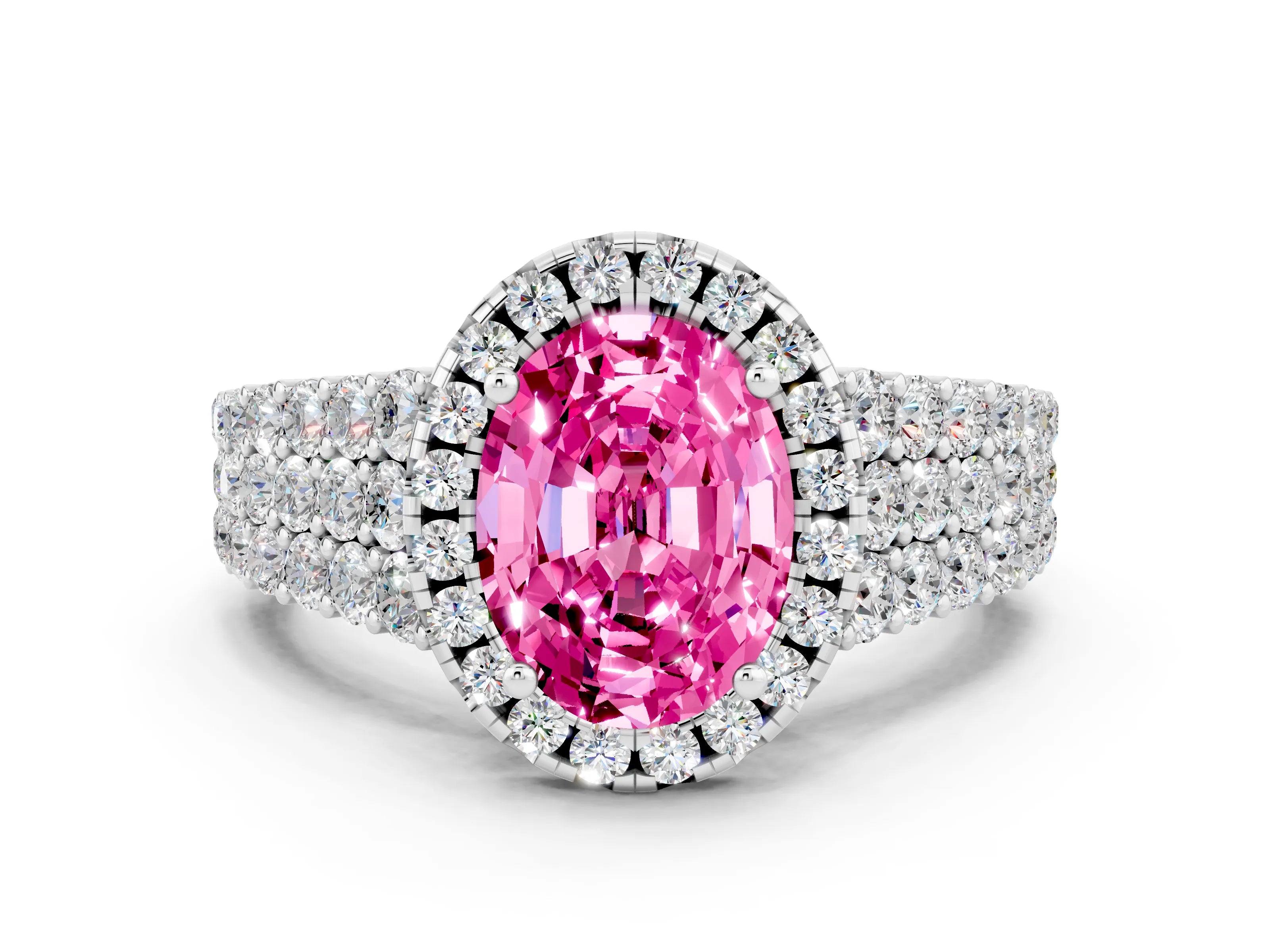 White gold Oval Cut Halo Pavé Diamond Engagement Ring with Split Shank and Four-Prong Setting