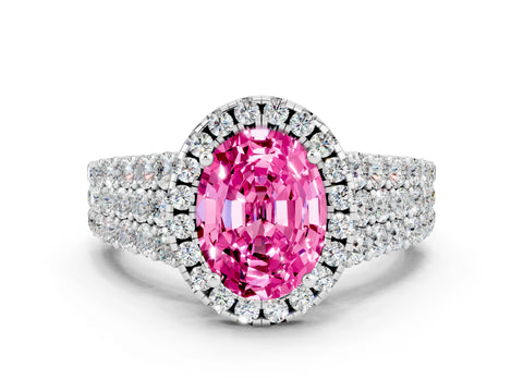White gold Oval Cut Halo Pavé Diamond Engagement Ring with Split Shank and Four-Prong Setting