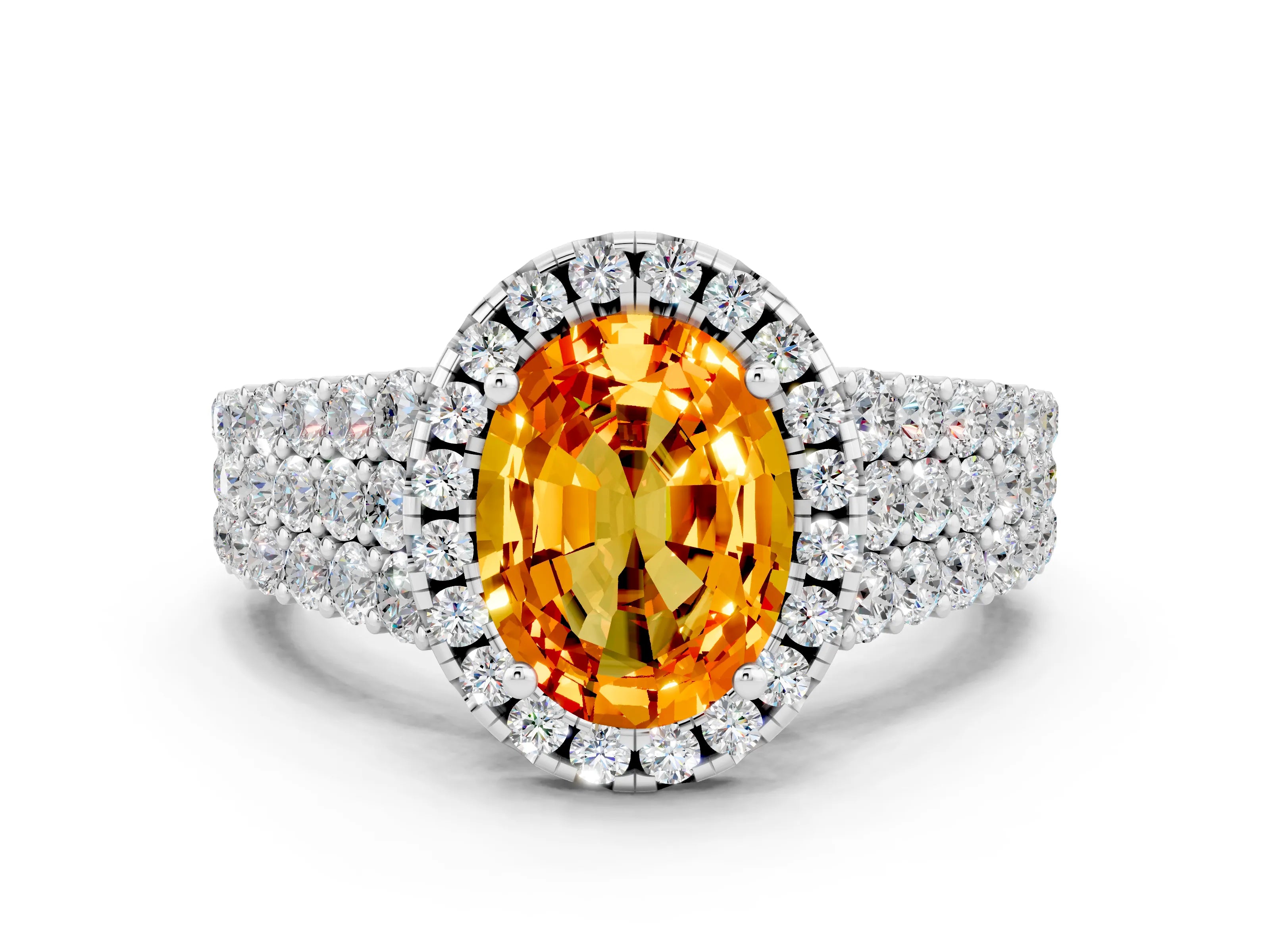 White gold Oval Cut Halo Pavé Diamond Engagement Ring with Split Shank and Four-Prong Setting