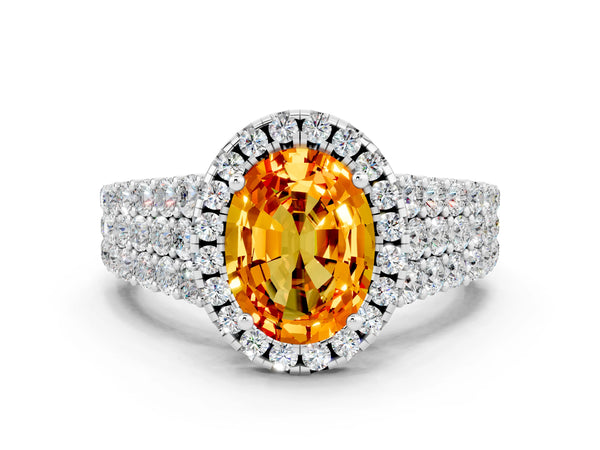 Silver Oval Cut Citrine Halo Engagement Ring with Triple Row Round Pavé Band and Prong Setting