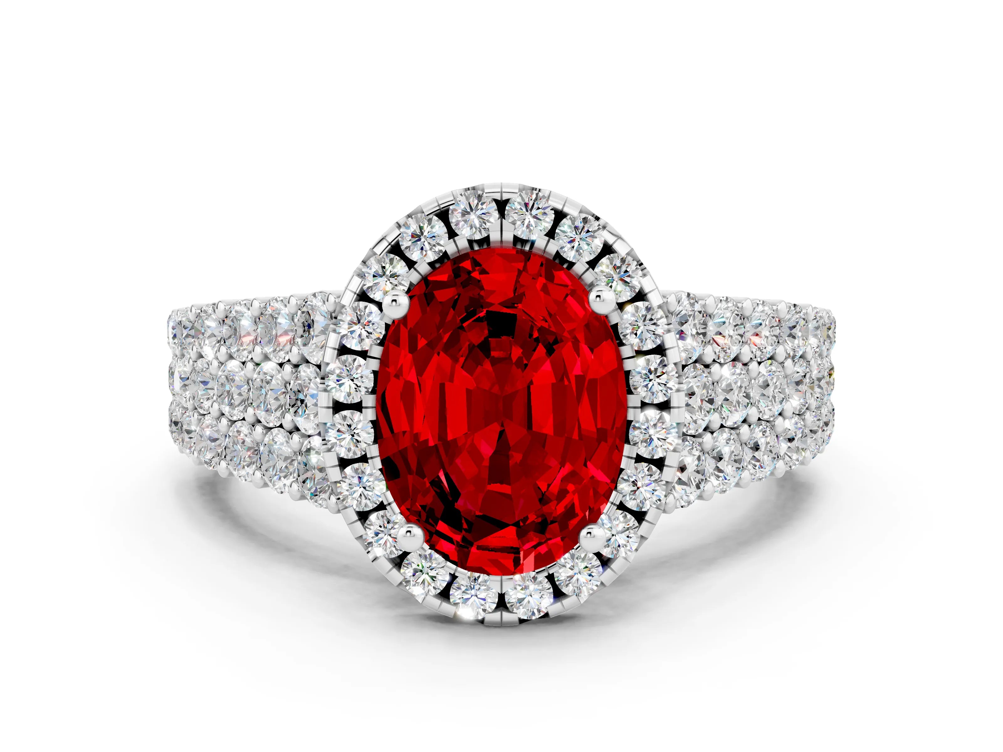 White gold Oval Cut Halo Pavé Diamond Engagement Ring with Split Shank and Four-Prong Setting
