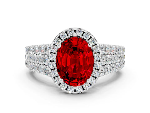 White gold Oval Cut Halo Pavé Diamond Engagement Ring with Split Shank and Four-Prong Setting