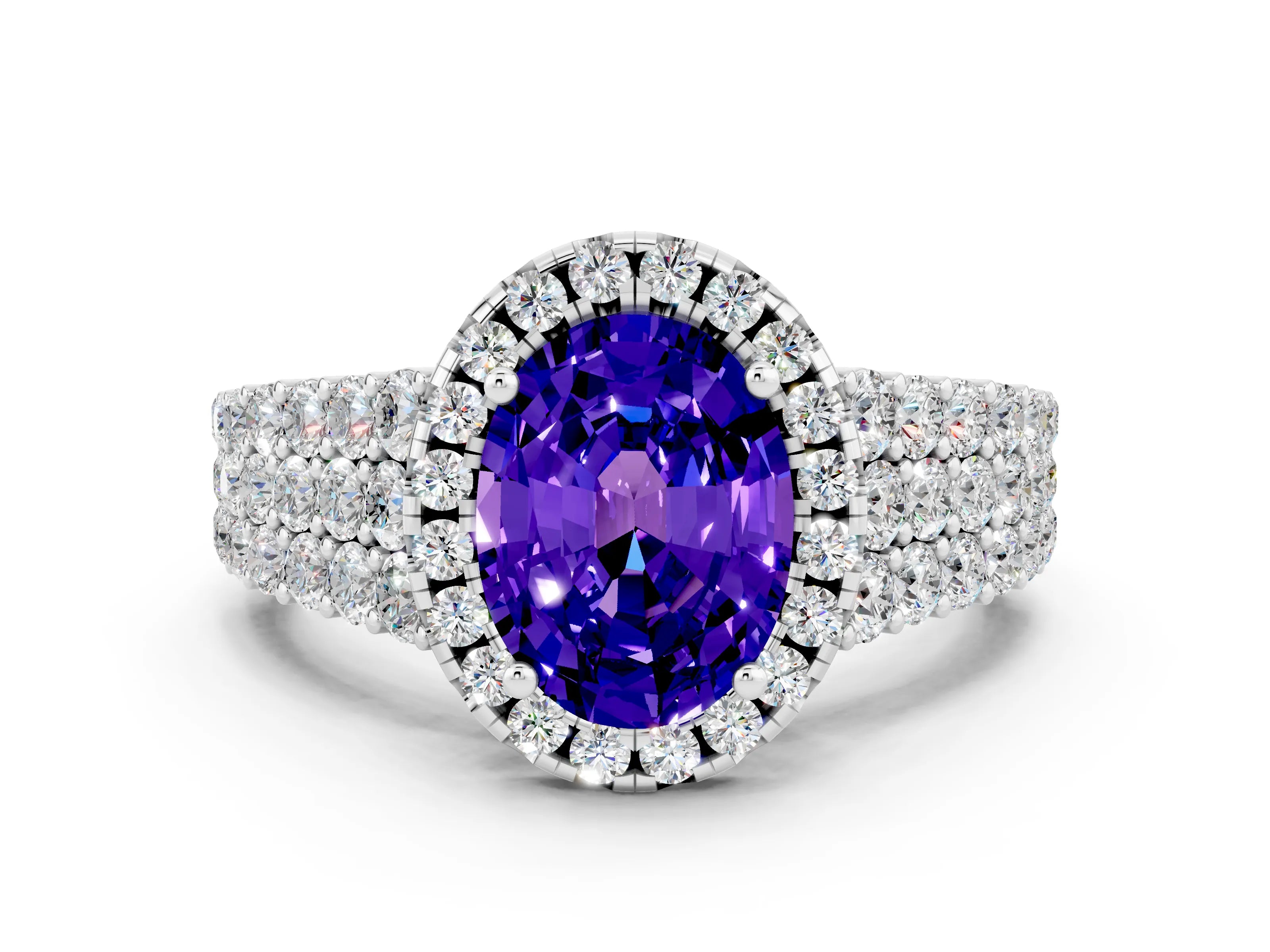 White gold Oval Cut Halo Pavé Diamond Engagement Ring with Split Shank and Four-Prong Setting