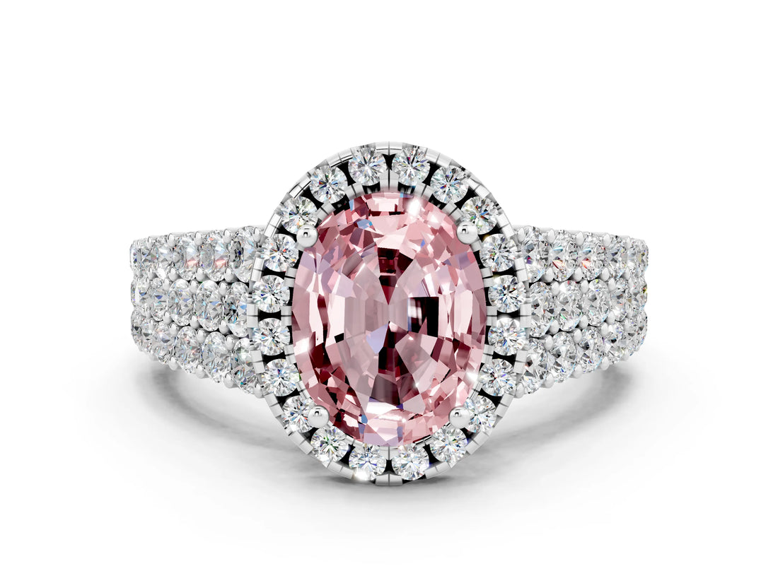 White gold Oval Cut Halo Pavé Diamond Engagement Ring with Split Shank and Four-Prong Setting