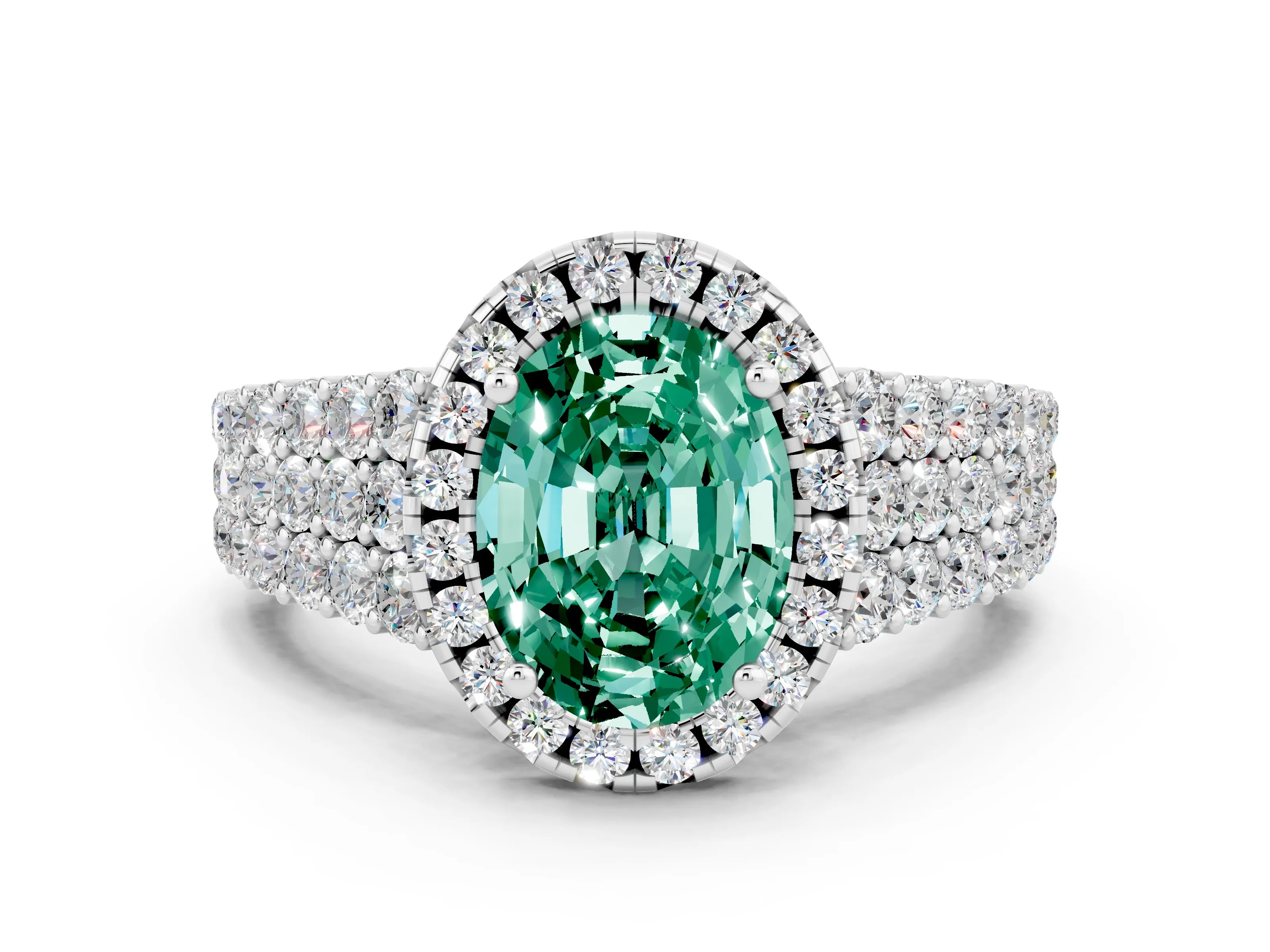 White gold Oval Cut Halo Pavé Diamond Engagement Ring with Split Shank and Four-Prong Setting