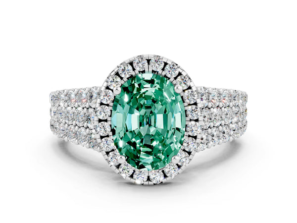 Silver Oval Cut Green Sapphire Halo Engagement Ring with Triple Row Round Pavé Band and Prong Setting