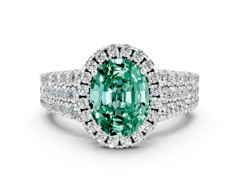 White gold Oval Cut Halo Pavé Diamond Engagement Ring with Split Shank and Four-Prong Setting