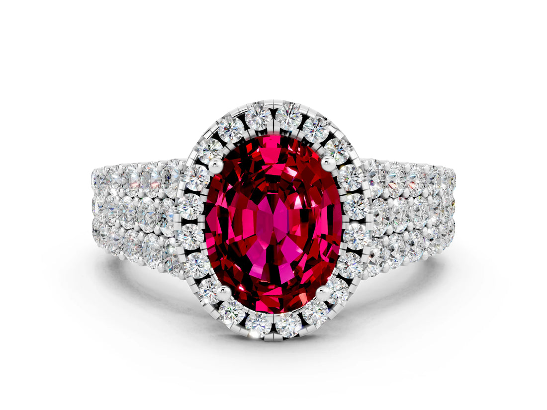 White gold Oval Cut Halo Pavé Diamond Engagement Ring with Split Shank and Four-Prong Setting