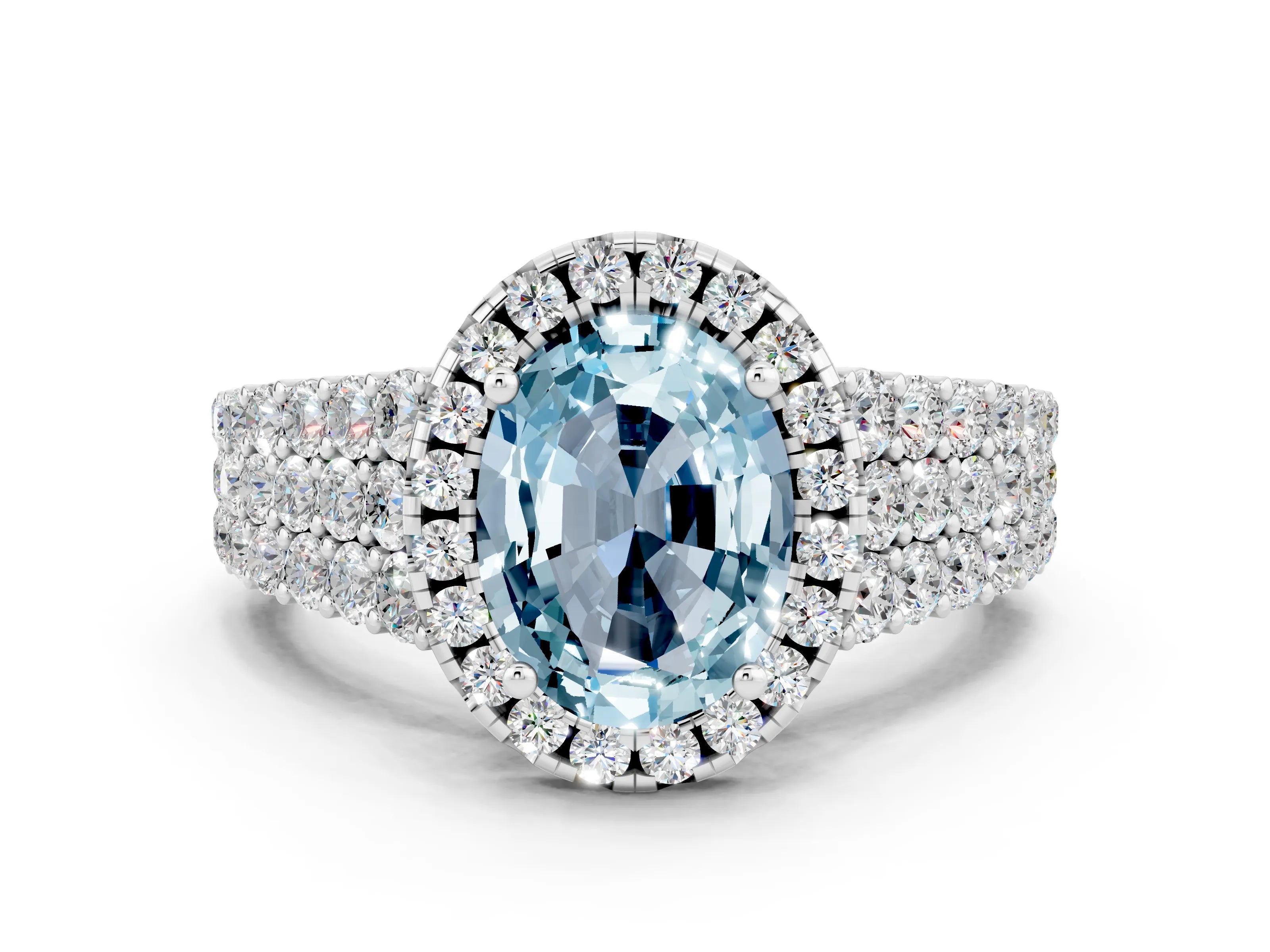 White gold Oval Cut Halo Pavé Diamond Engagement Ring with Split Shank and Four-Prong Setting