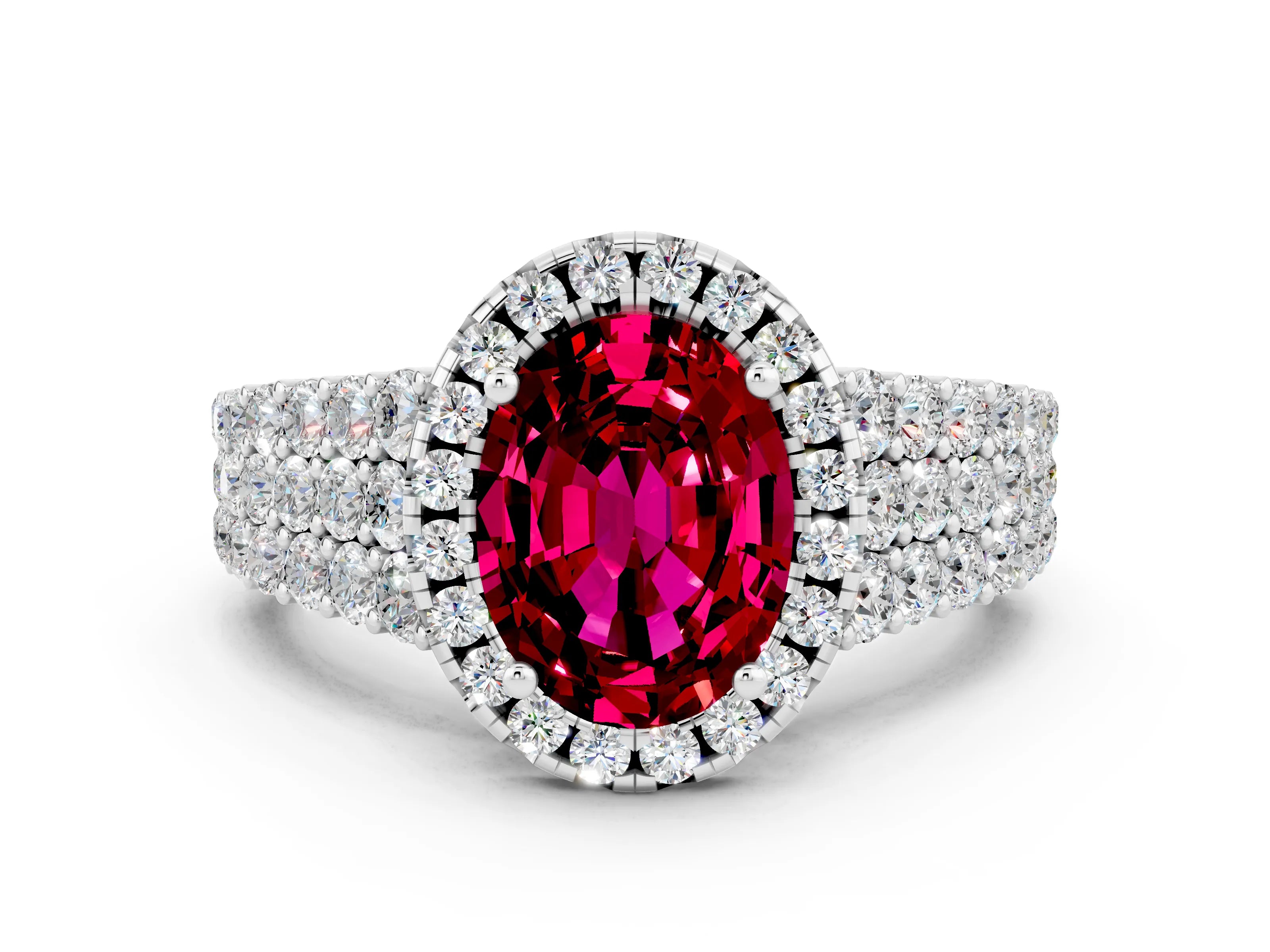 White gold Oval Cut Halo Pavé Diamond Engagement Ring with Split Shank and Four-Prong Setting