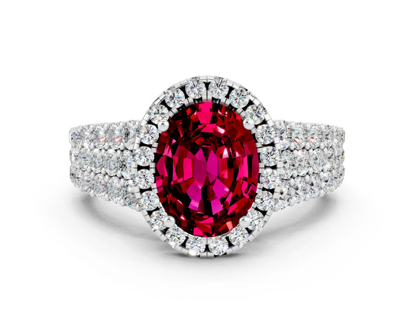 Silver Oval Cut Garnet Halo Engagement Ring with Triple Row Round Pavé Band and Prong Setting