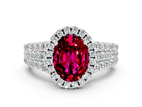 White gold Oval Cut Halo Pavé Diamond Engagement Ring with Split Shank and Four-Prong Setting