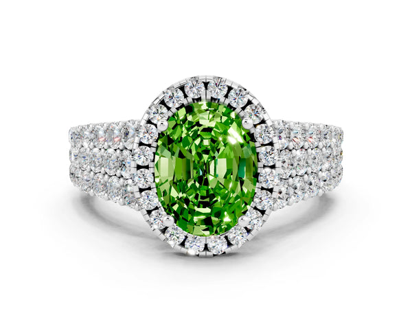 White gold Oval Cut Halo Pavé Diamond Engagement Ring with Split Shank and Four-Prong Setting