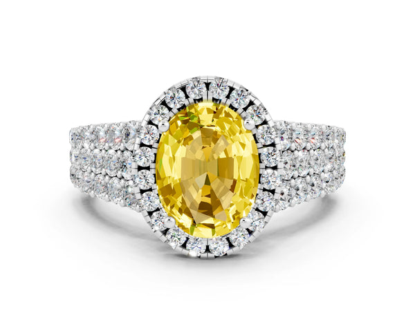 Platinum Oval Cut Yellow Sapphire Halo Engagement Ring with Triple Row Round Pavé Band and Prong Setting