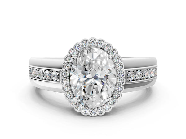 White gold Oval Cut Halo Pave Band Four-Prong Ring